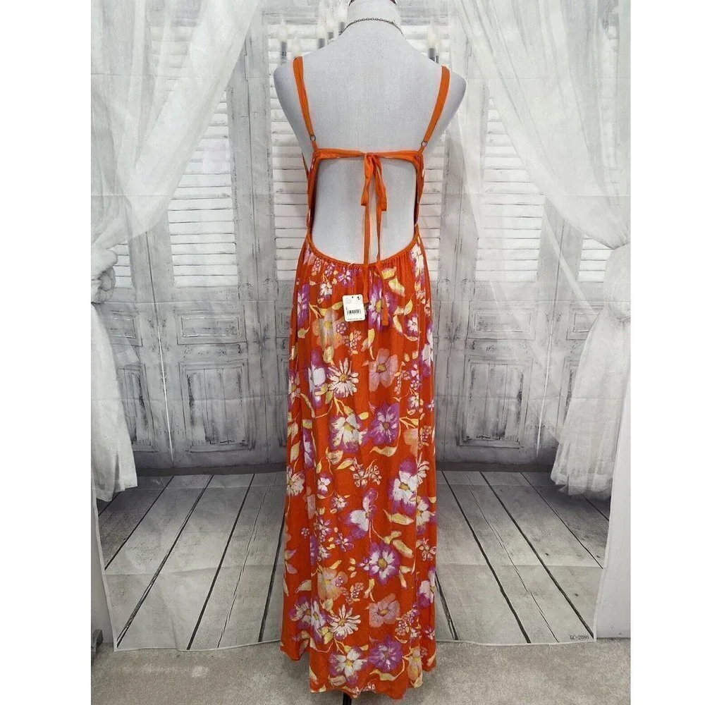 Free People Wisteria Maxi Dress Orange Floral Lightweight Open Back Sleeveless - Picture 7 of 14